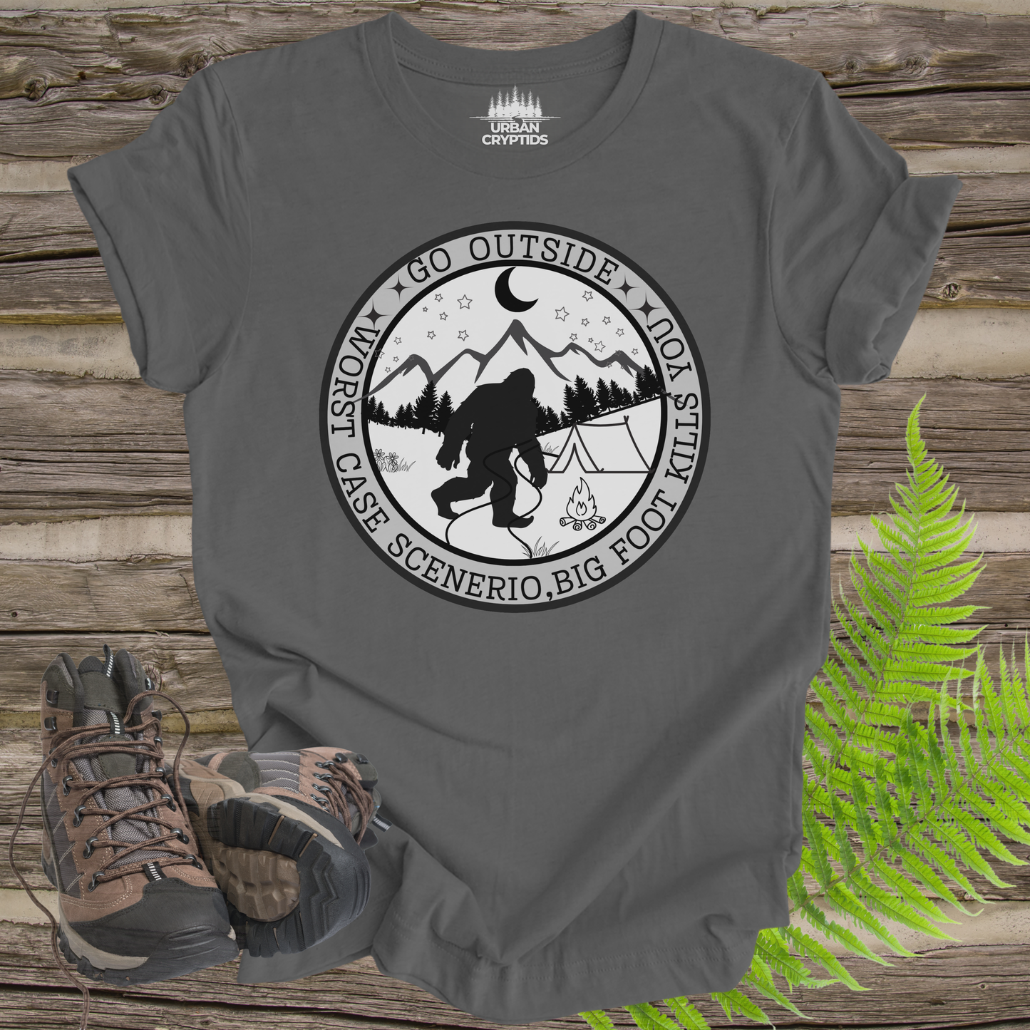 Funny Bigfoot Tee – “Go Outside, Worst Case Scenario Bigfoot Kills You” Shirt