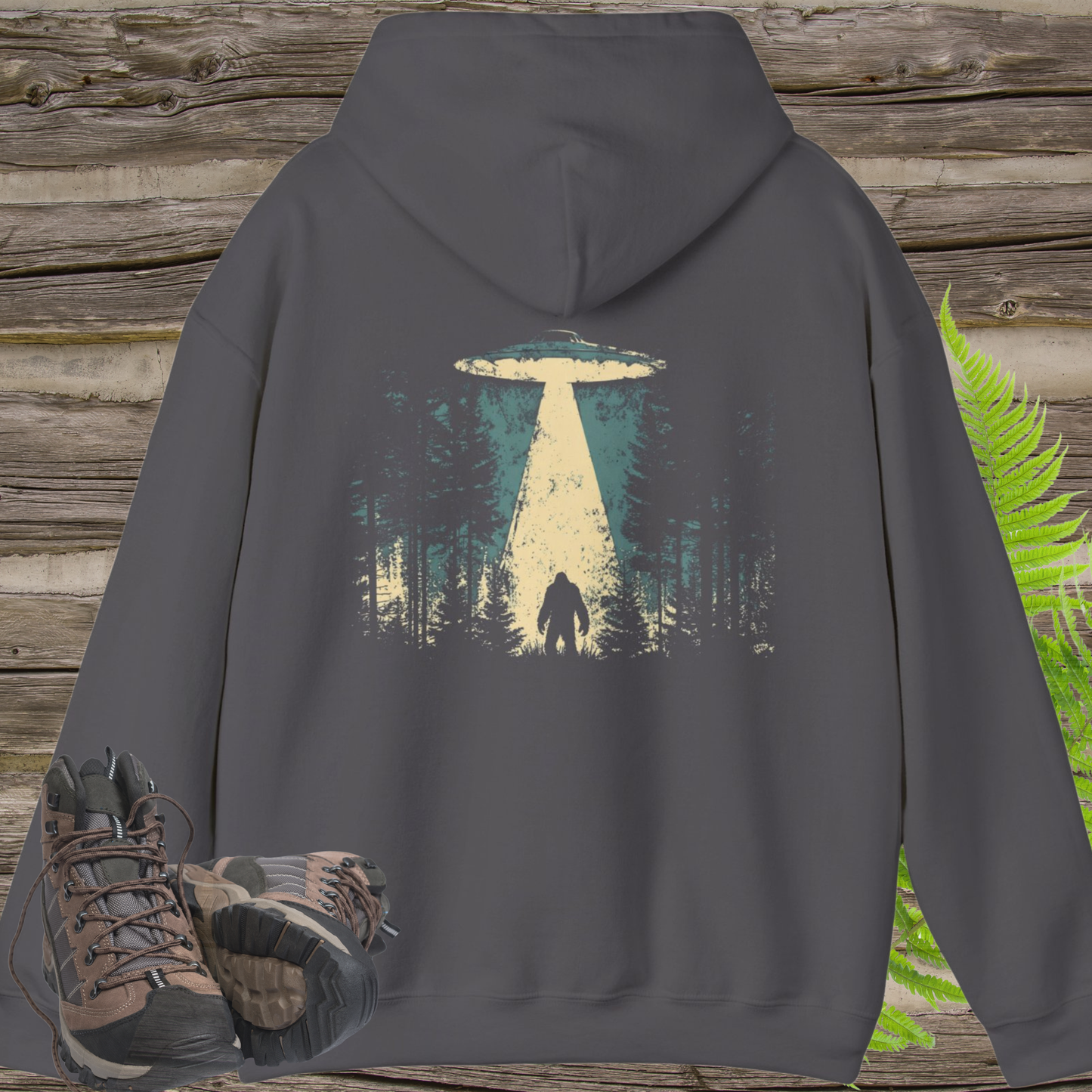 UFO Bigfoot Abduction Hoodie – Sasquatch Encounter Back Print Pullover