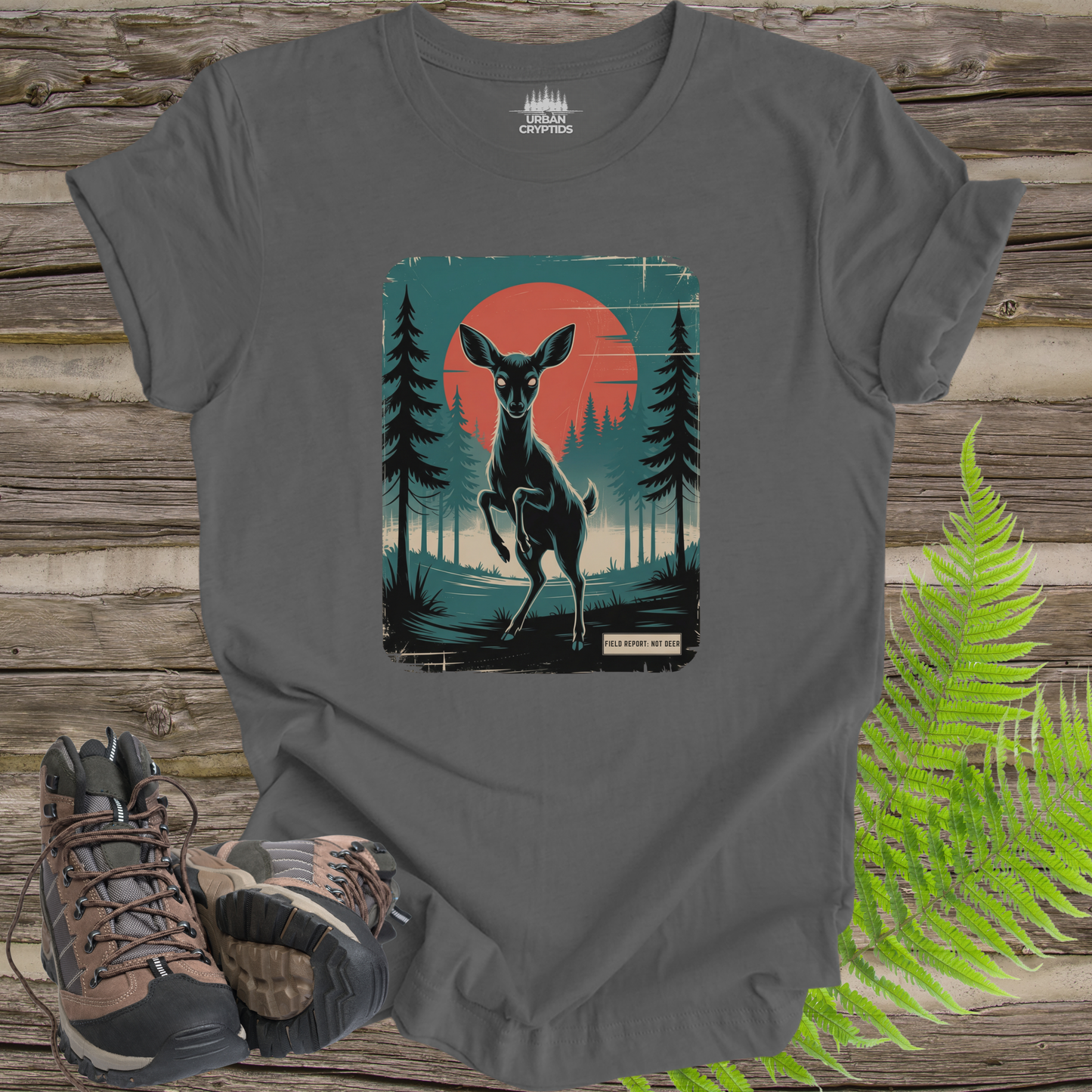 Not Deer Forest Encounter T-Shirt – Vintage Cryptid Wilderness Poster Tee
