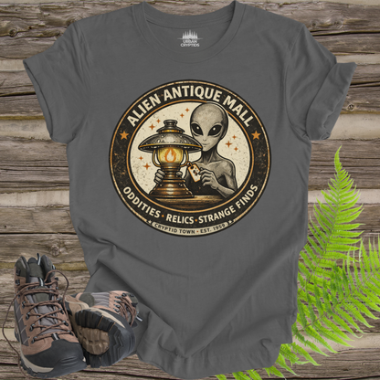 Alien Antique Mall Shirt | Cryptid Town Tee | Oddities Relics Strange Finds UFO Lamp Vintage Store Logo