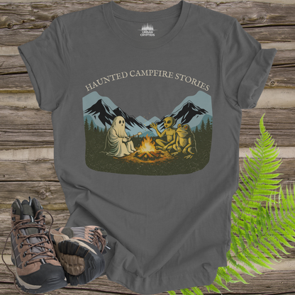 Haunted Campfire Stories T-Shirt – Ghost, Alien & Skeleton Bonfire Scene Tee