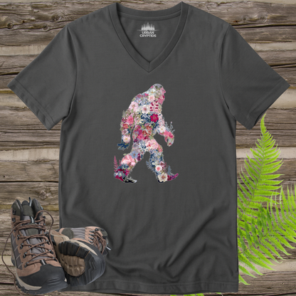 Floral Bigfoot V-Neck | Wildflower Sasquatch Silhouette Graphic Tee | Nature Lover Cryptid Shirt