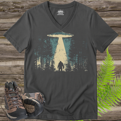 Bigfoot Abduction V-Neck T-Shirt | UFO Encounter in the Pines