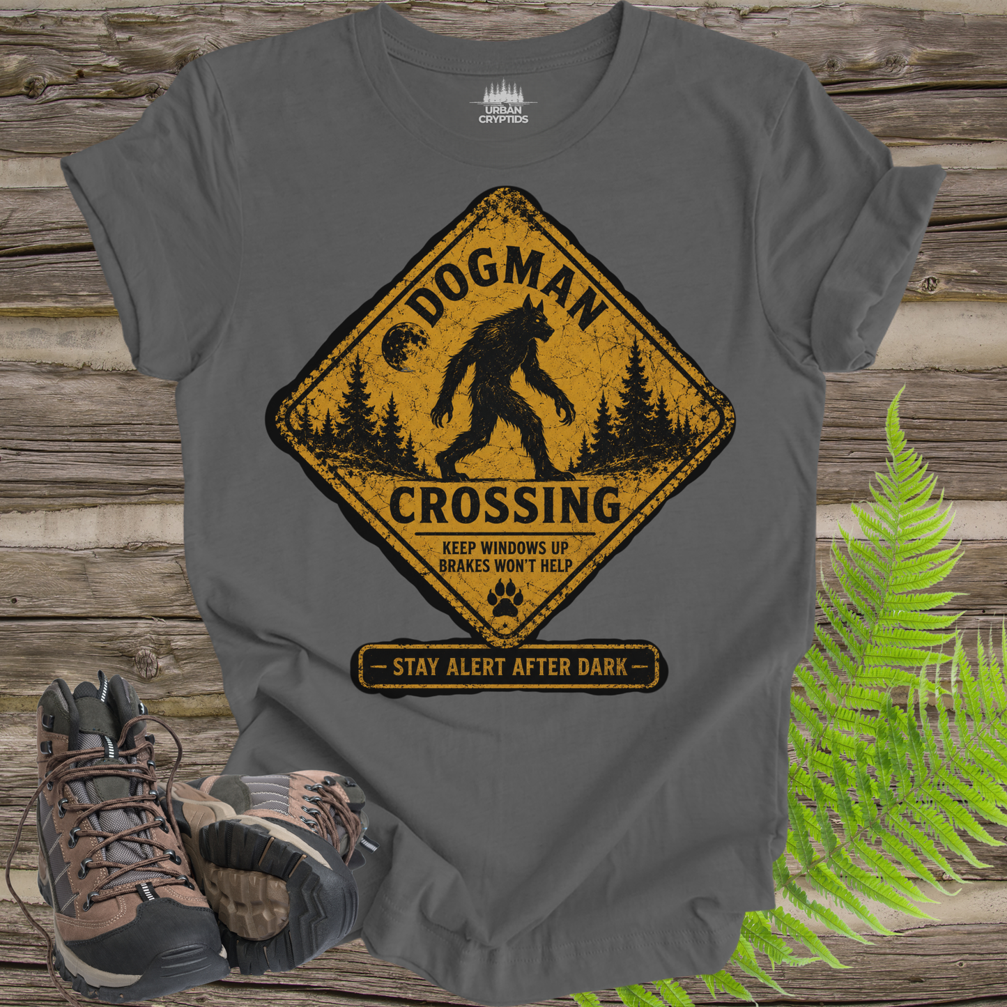 Dogman Crossing Vintage Warning Sign T-Shirt | Funny Cryptid Tee