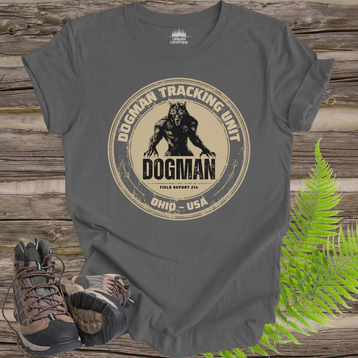 Dogman Tracking Unit T-Shirt – Cryptid Field Report 214 Vintage Badge Tee