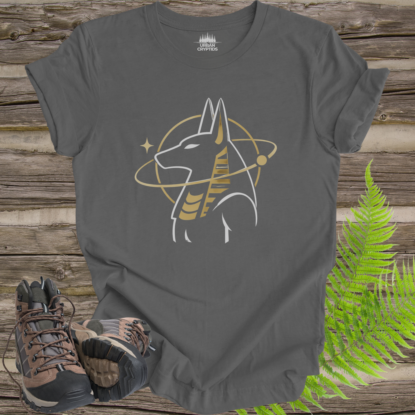 Anubis Cosmic Emblem T-Shirt – Egyptian God Minimalist Gold Design