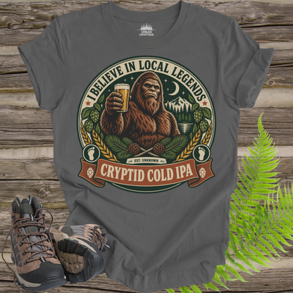 Believe in Local Legends T-Shirt – Bigfoot Cryptid Cold IPA Graphic Tee