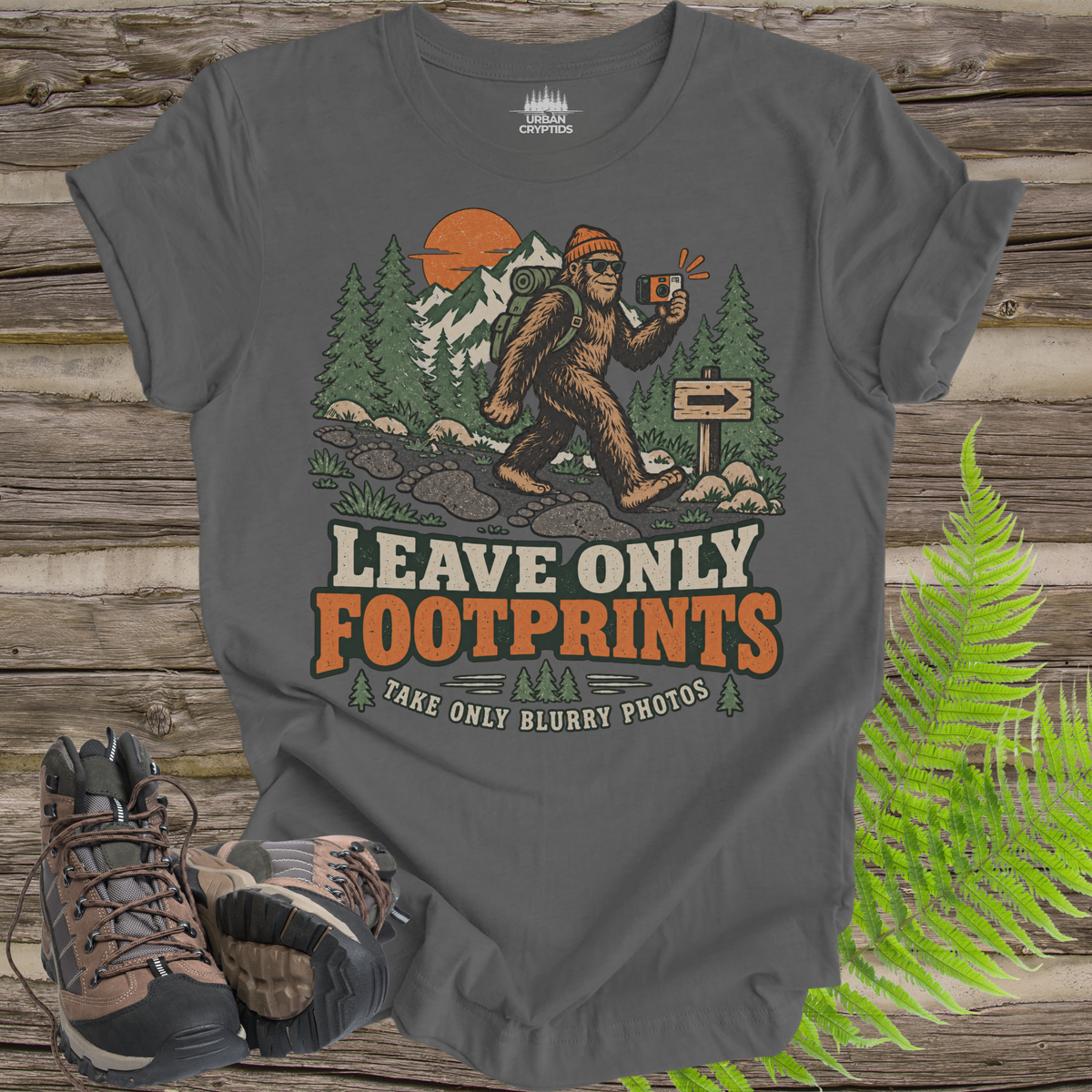 Leave Only Footprints T-Shirt – Funny Bigfoot Hiking Graphic Tee