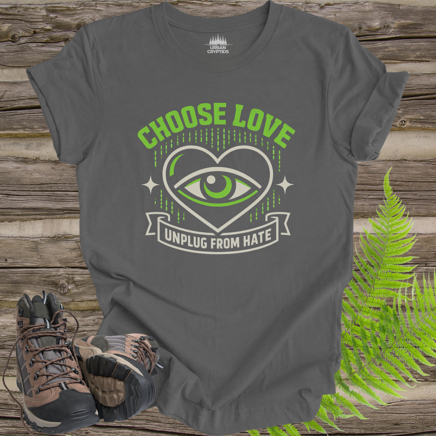 Choose Love “Unplug From Hate” T-Shirt | Heart Eye Awareness Graphic Tee | Mindful Statement Shirt