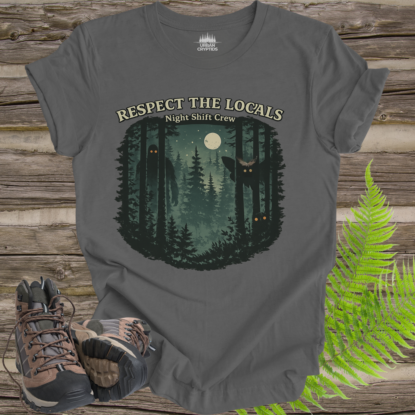 Respect the Locals Night Shift Crew T-Shirt | Spooky Forest Cryptid Graphic Tee | Funny Paranormal Outdoors Shirt