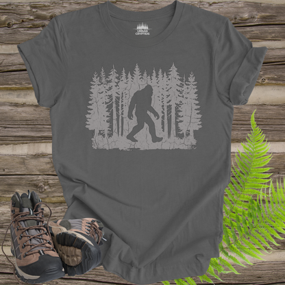 Bigfoot Forest Silhouette Shirt – Sasquatch Hiking Tee, Outdoors Cryptid Shirt, Minimalist Bigfoot T-Shirt