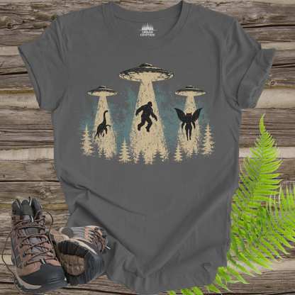 Cryptid Abduction T-Shirt – Bigfoot, Mothman & Nessie UFO Design