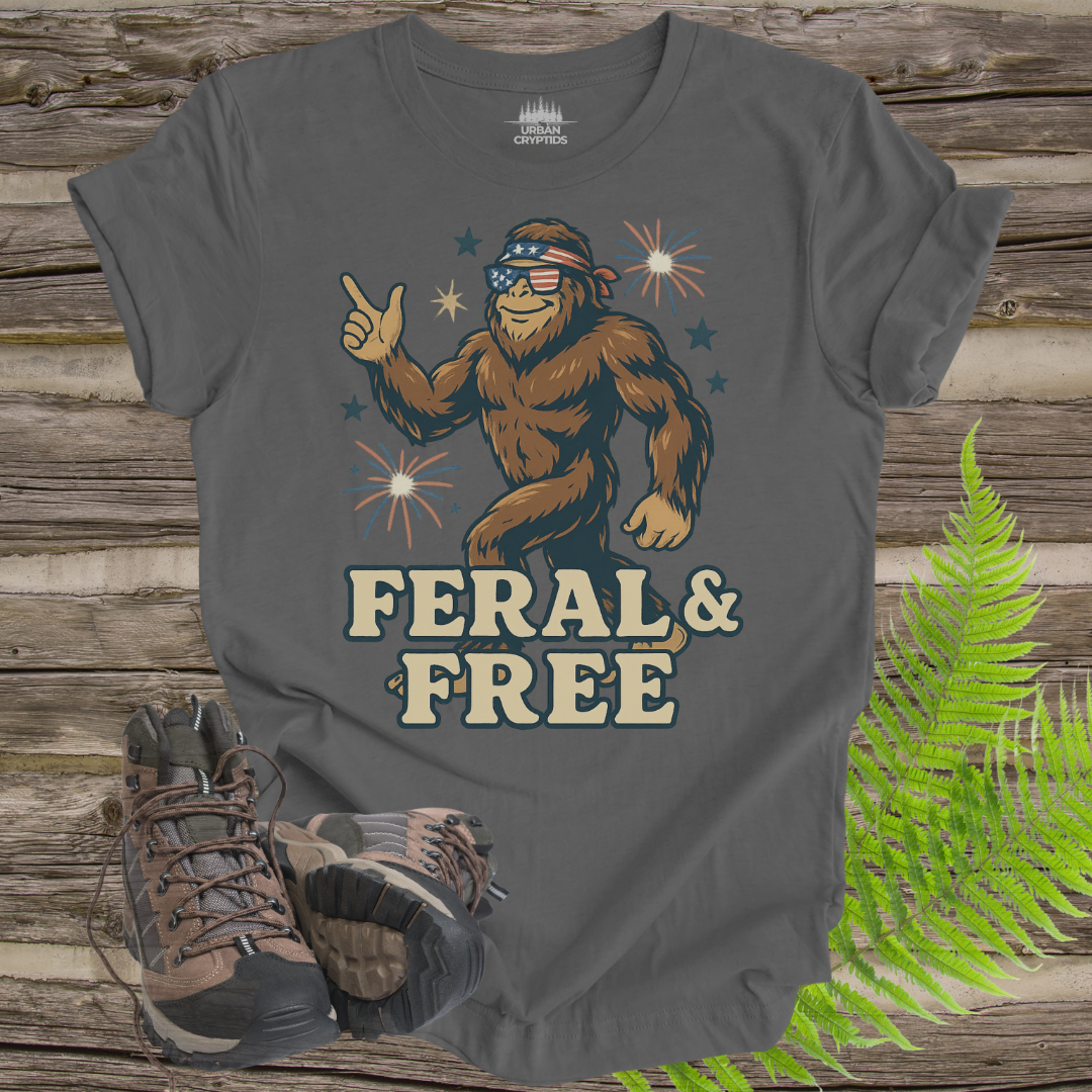 Feral & Free Bigfoot Shirt – Funny Patriotic Cryptid Tee for 4th of July