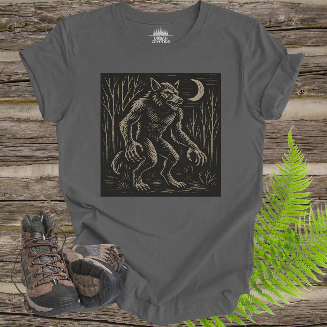 Dogman Cryptid T-Shirt – Woodcut Werewolf Forest Creature Tee