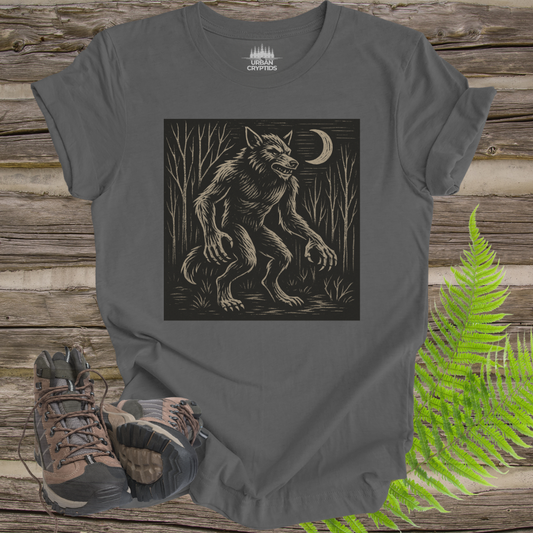 Dogman Cryptid T-Shirt – Woodcut Werewolf Forest Creature Tee