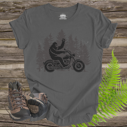 Bigfoot Biker Tee – Sasquatch Riding Motorcycle Forest Shirt