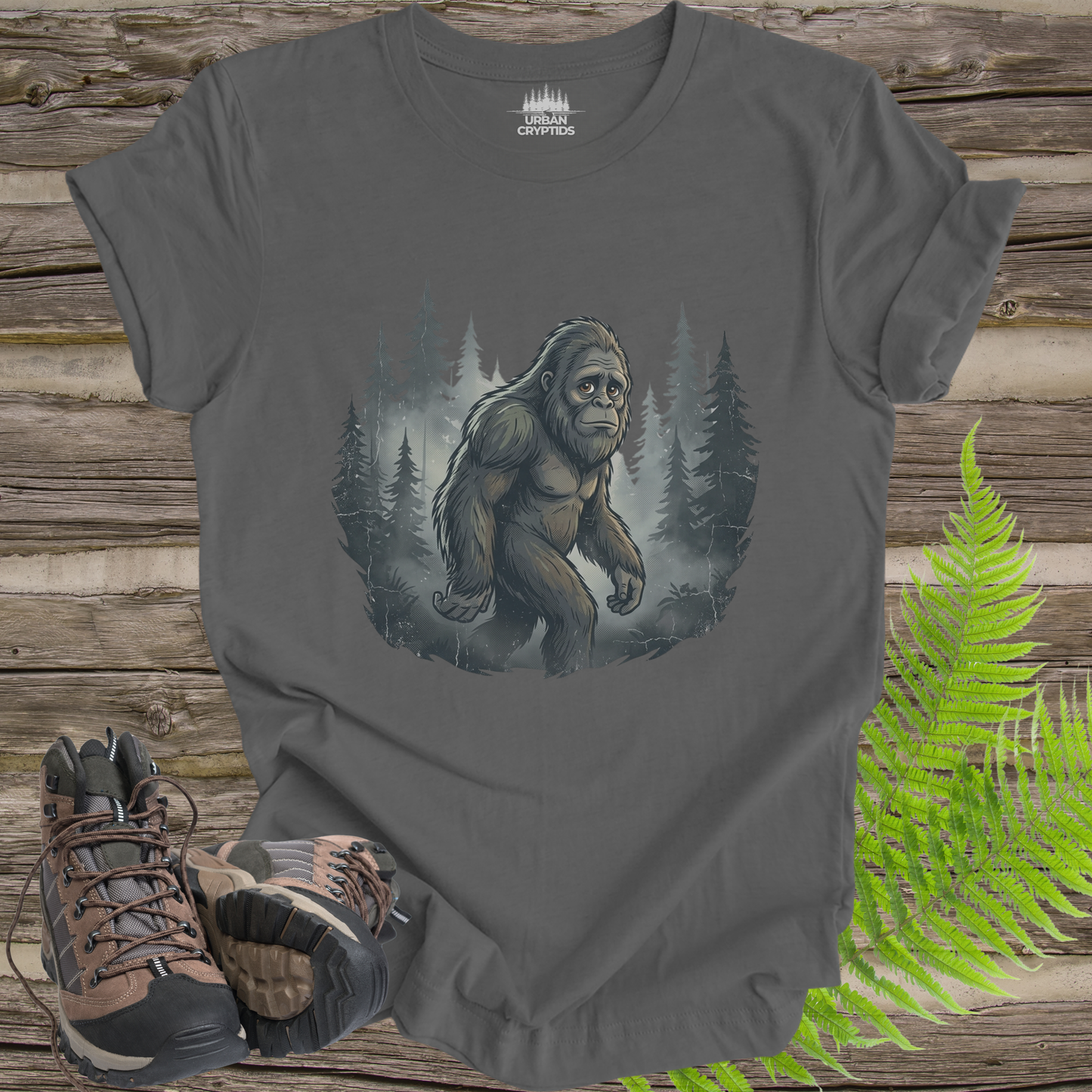 Mysterious Bigfoot Forest Shirt – Vintage Sasquatch Silhouette Tee, Cryptid Aesthetic Shirt, Foggy Woods Graphic Tee
