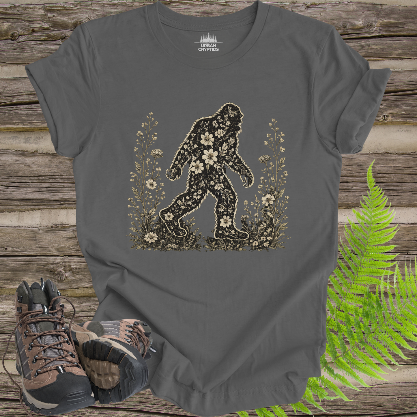 Wildflower Wanderer Bigfoot T-Shirt | Floral Sasquatch Nature Tee
