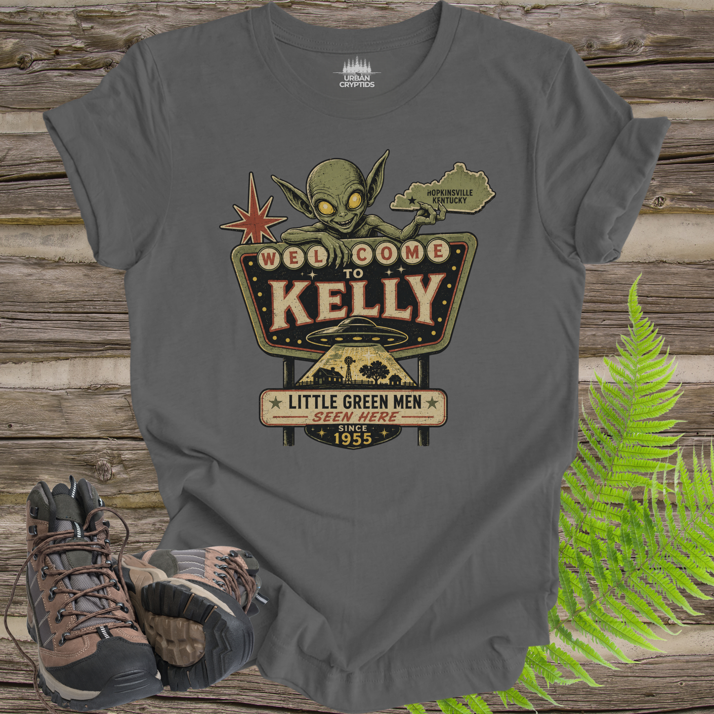 Welcome to Kelly | Little Green Men Seen Here Since 1955 Vintage Kentucky T-Shirt