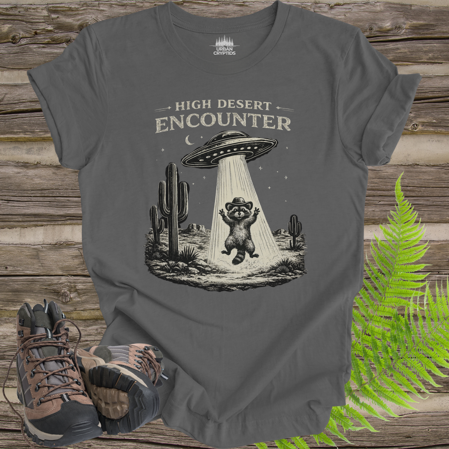 High Desert Encounter T-Shirt – Vintage UFO Raccoon Abduction Tee