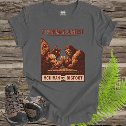 Mothman vs Bigfoot T-Shirt – Cryptid Strongman Arm Wrestling Contest Tee