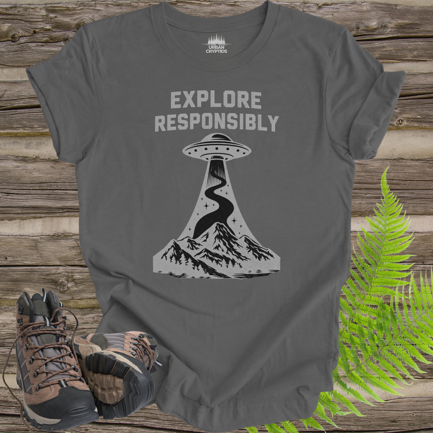 Explore Responsibly UFO T-Shirt | Mountain Abduction Graphic Tee | Retro Space Explorer Shirt