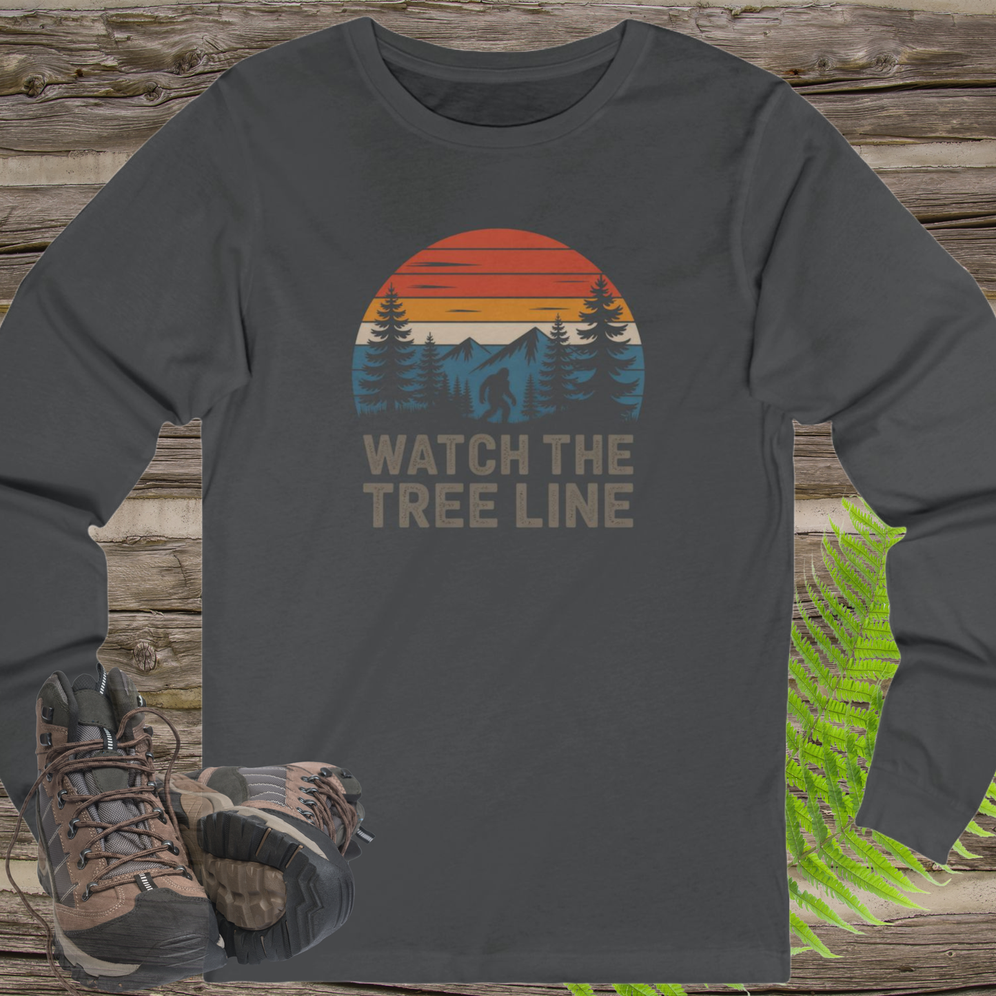 Watch the Tree Line Bigfoot Long Sleeve Shirt – Retro Sasquatch Wilderness Tee
