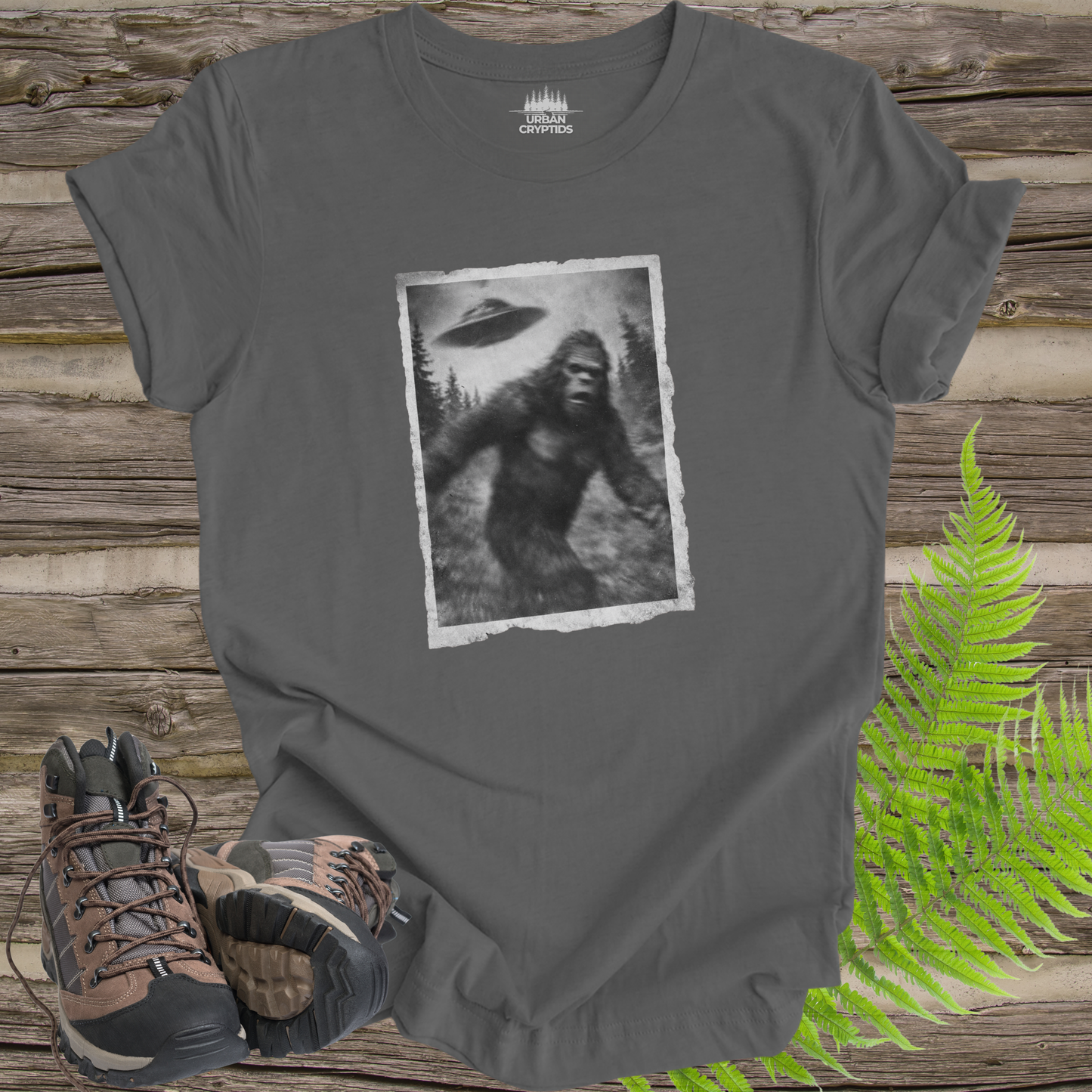 Bigfoot UFO Abduction T-Shirt – Blurry Sasquatch Encounter Tee