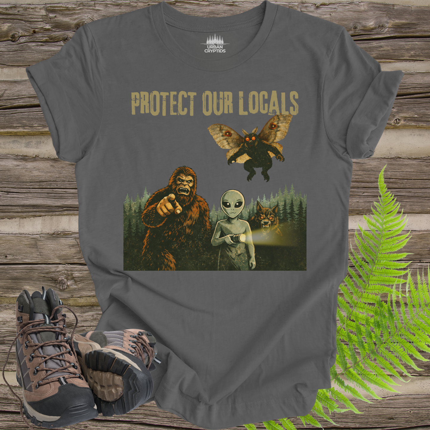 Protect Our Locals T-Shirt | Cryptid Conservation Graphic Tee | Bigfoot Mothman Alien Forest Shirt