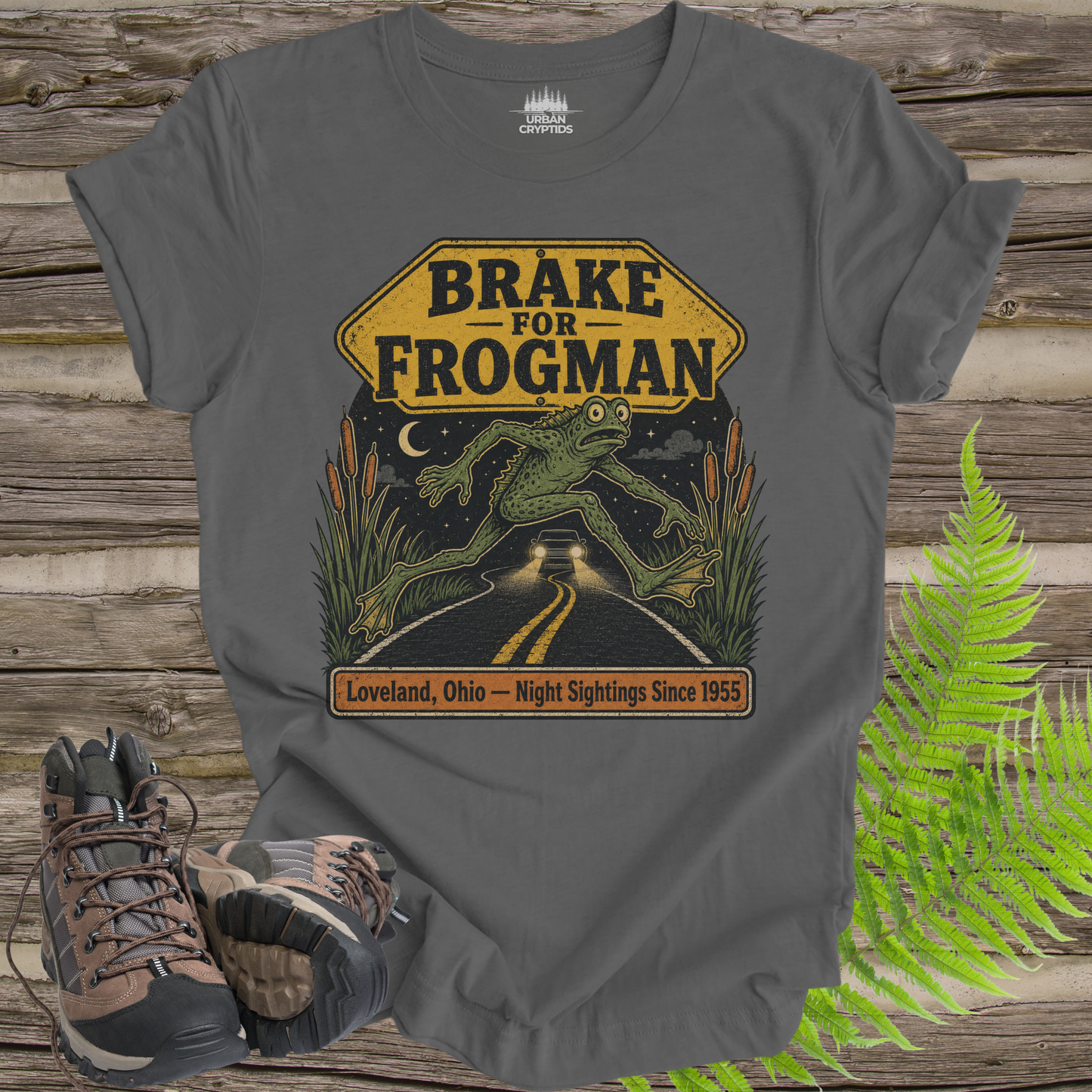 Brake for Frogman T-Shirt – Loveland Ohio Cryptid Roadside Tee