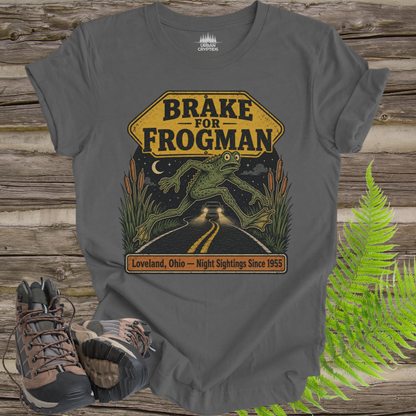 Brake for Frogman T-Shirt – Loveland Ohio Cryptid Roadside Tee
