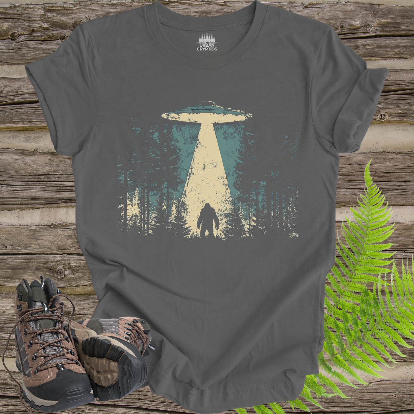 Bigfoot UFO Abduction T-Shirt – Forest Encounter Cryptid Graphic Tee