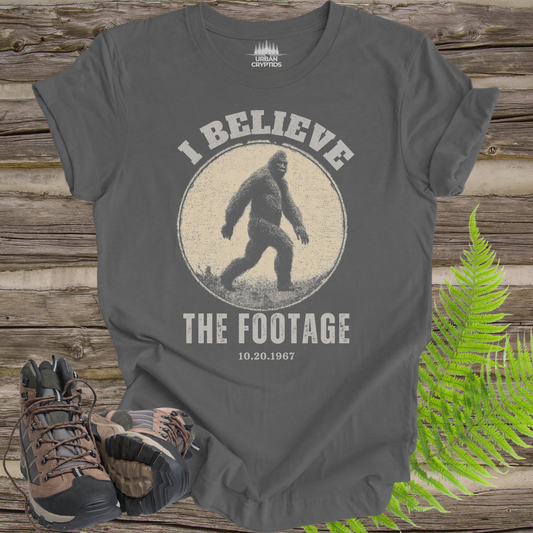 Bigfoot “I Believe the Footage” T-Shirt – Vintage Sasquatch Graphic Tee, Cryptid Shirt, Funny Bigfoot Shirt, Gift for Cryptid Lovers