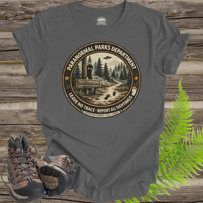 Paranormal Parks Department Shirt | Cryptid Town Tee | Leave No Trace Report All Sightings Vintage Ranger Badge
