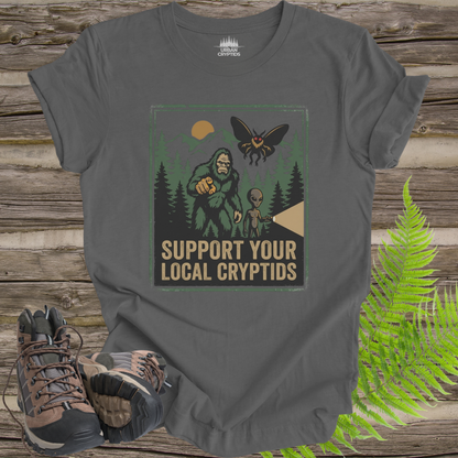 Support Your Local Cryptids Bigfoot Mothman Alien Funny Cryptid T-Shirt