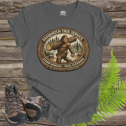 Sasquatch Tree Service Shirt | Cryptid Town Tee | Bigfoot Lumberjack Vintage Badge Stump Removal Trail Clearing