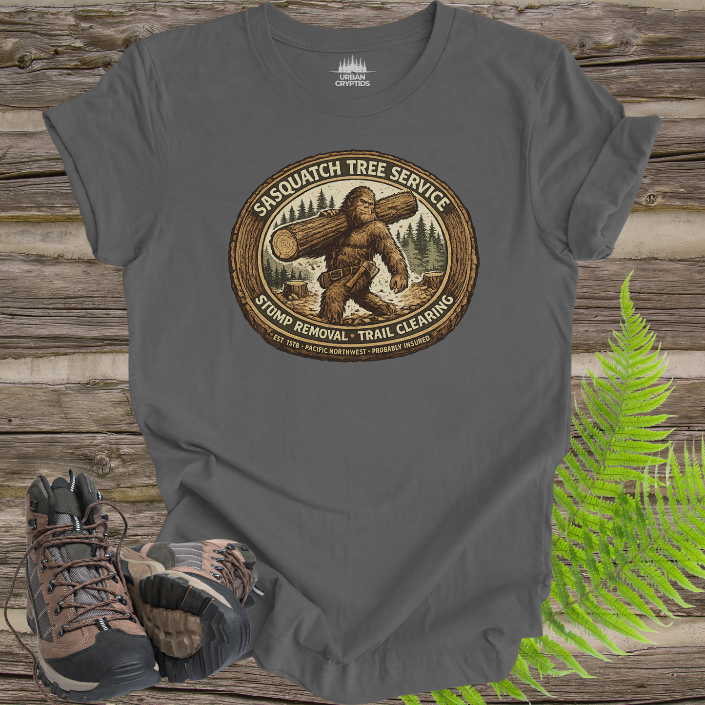 Sasquatch Tree Service Shirt | Cryptid Town Tee | Bigfoot Lumberjack Vintage Badge Stump Removal Trail Clearing