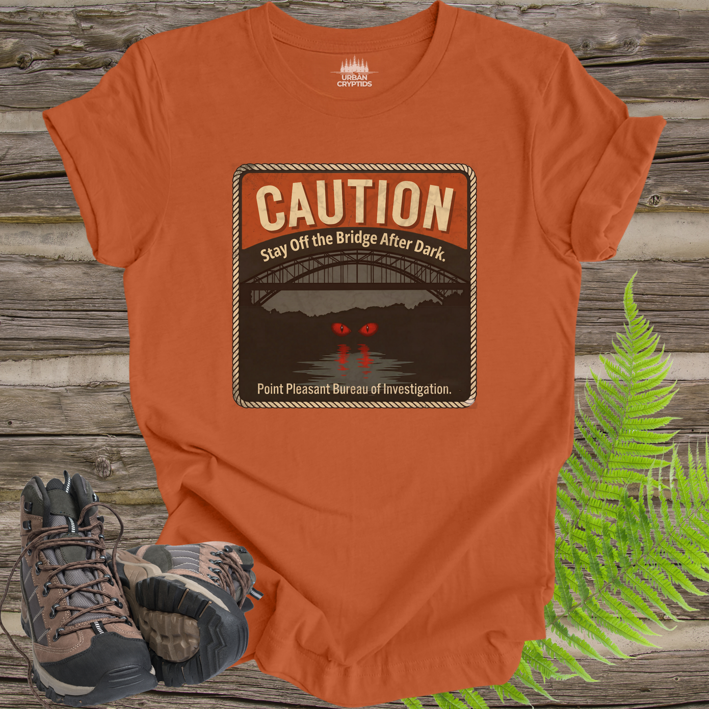 Mothman Caution Sign Shirt – Stay Off the Bridge After Dark, Point Pleasant WV Cryptid Poster Tee