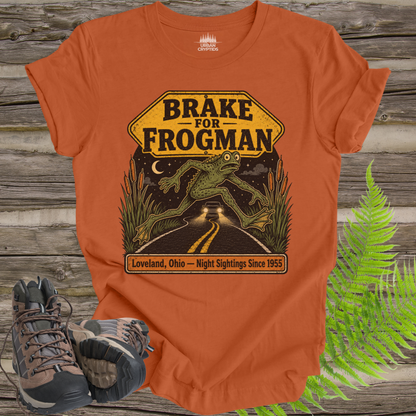 Brake for Frogman T-Shirt – Loveland Ohio Cryptid Roadside Tee