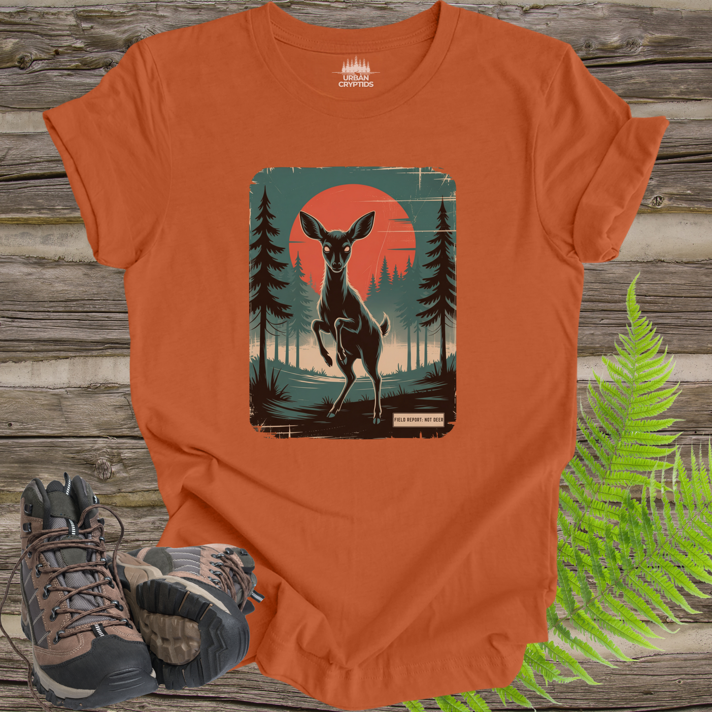 Not Deer Forest Encounter T-Shirt – Vintage Cryptid Wilderness Poster Tee