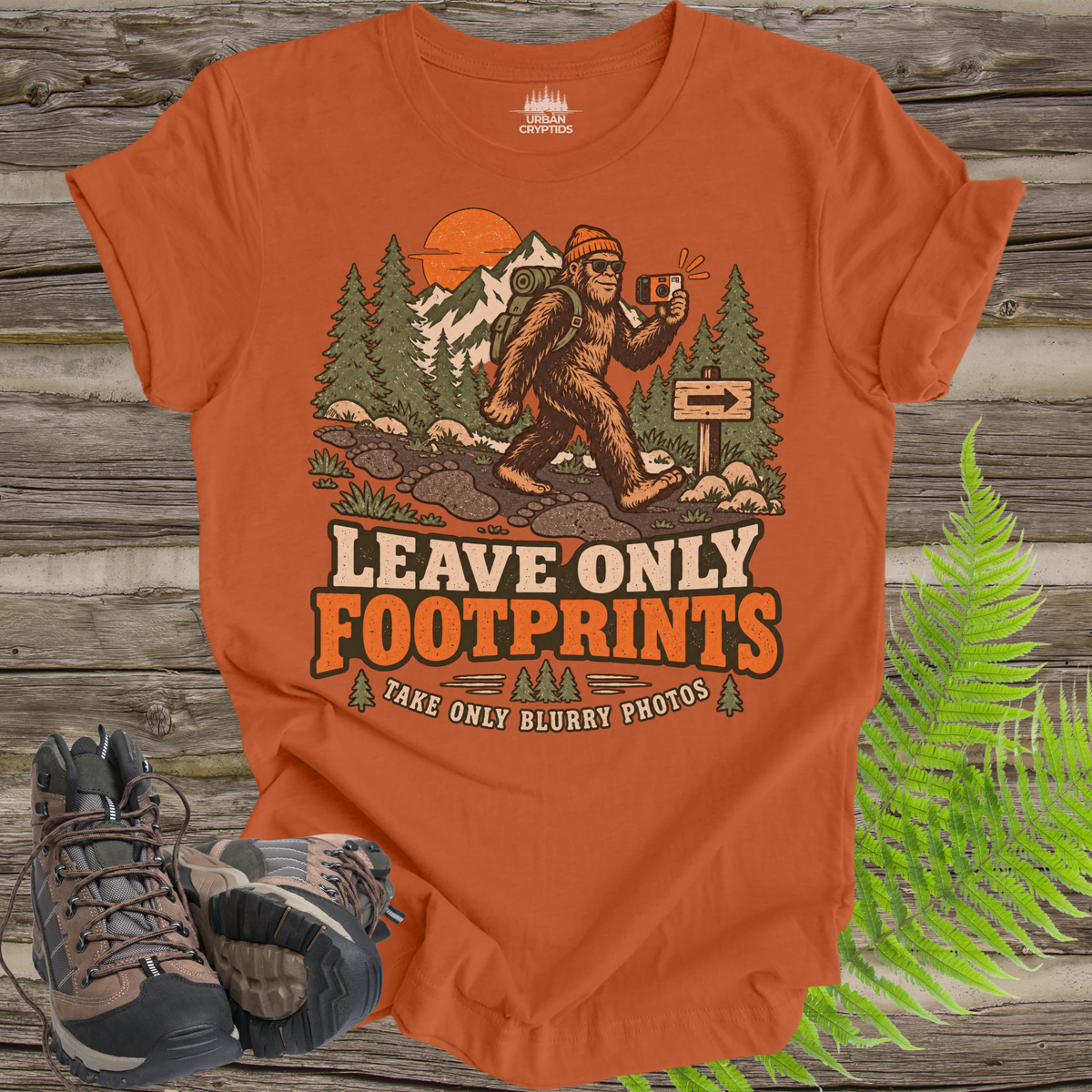 Leave Only Footprints T-Shirt – Funny Bigfoot Hiking Graphic Tee