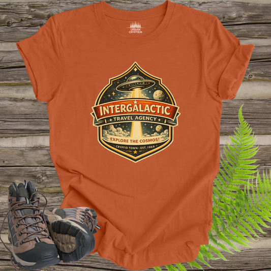 Intergalactic Travel Agency Shirt | Cryptid Town Tee | UFO Travel Vintage Space Badge Explore The Cosmos EST 1969