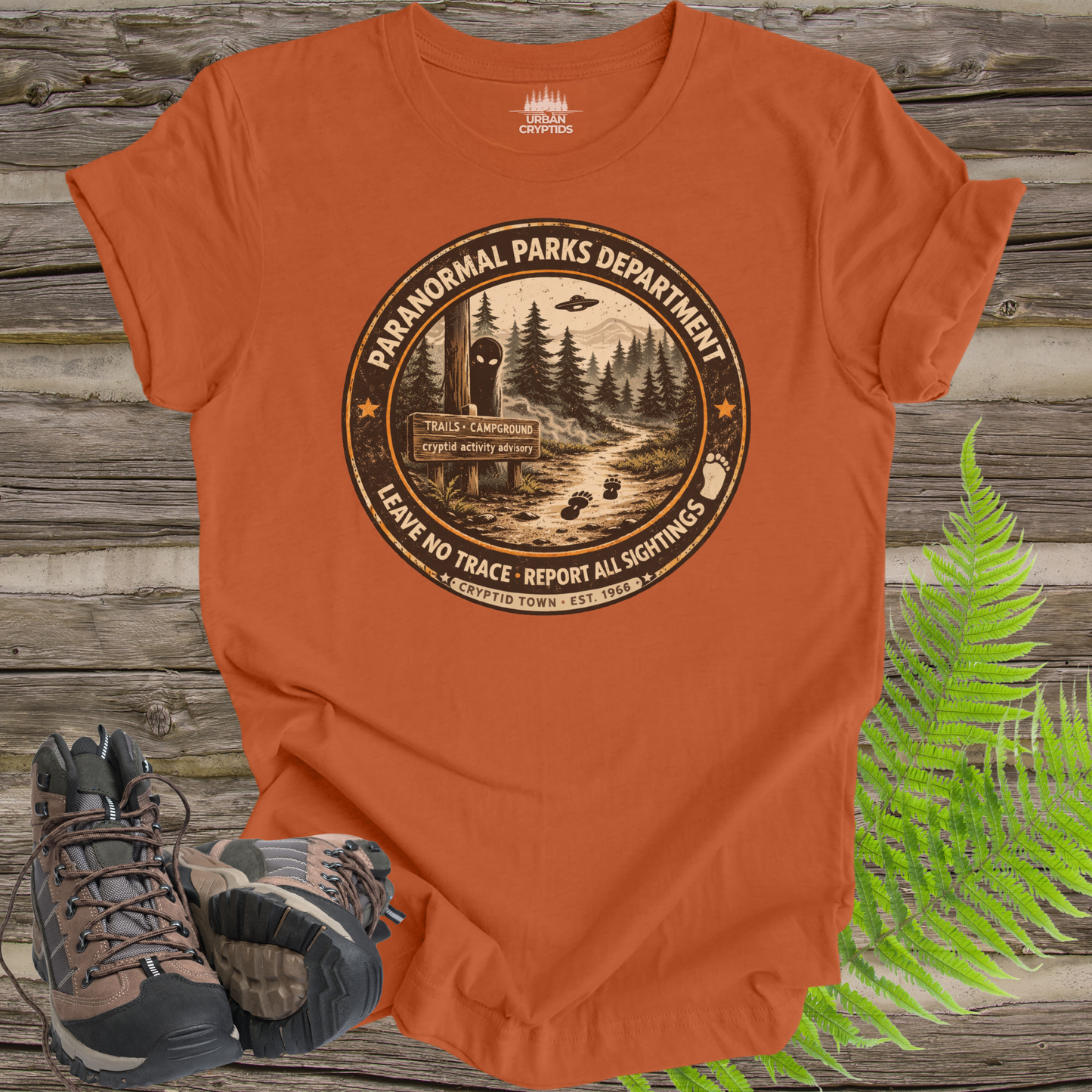 Paranormal Parks Department Shirt | Cryptid Town Tee | Leave No Trace Report All Sightings Vintage Ranger Badge