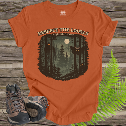 Respect the Locals Night Shift Crew T-Shirt | Spooky Forest Cryptid Graphic Tee | Funny Paranormal Outdoors Shirt