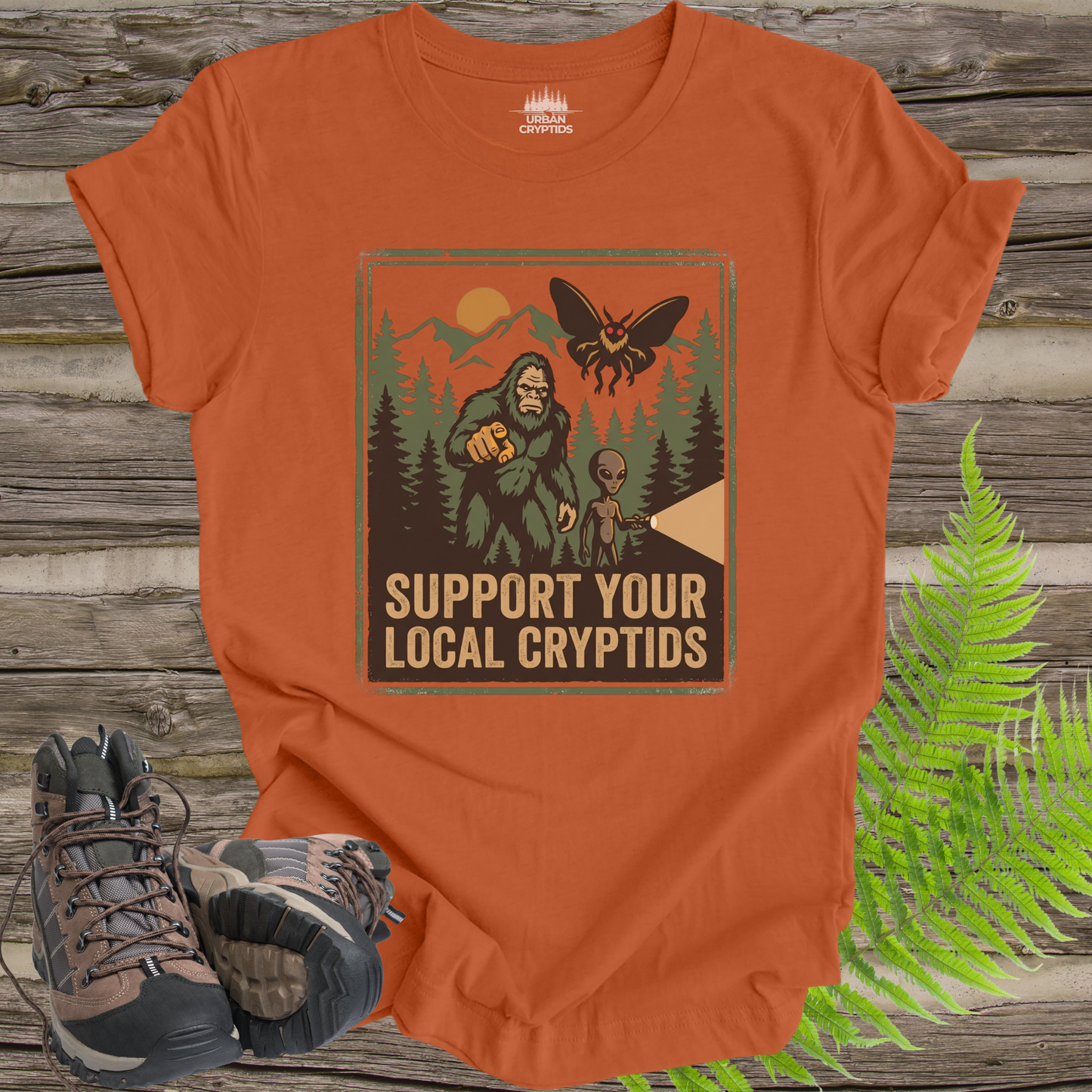 Support Your Local Cryptids Bigfoot Mothman Alien Funny Cryptid T-Shirt