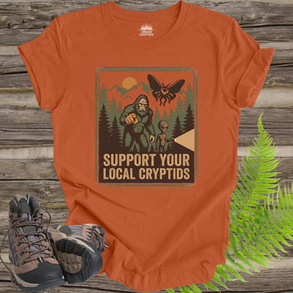 Support Your Local Cryptids Bigfoot Mothman Alien Funny Cryptid T-Shirt