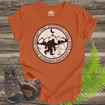 Funny Bigfoot Tee – “Go Outside, Worst Case Scenario Bigfoot Kills You” Shirt