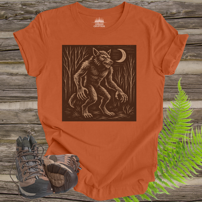 Dogman Cryptid T-Shirt – Woodcut Werewolf Forest Creature Tee