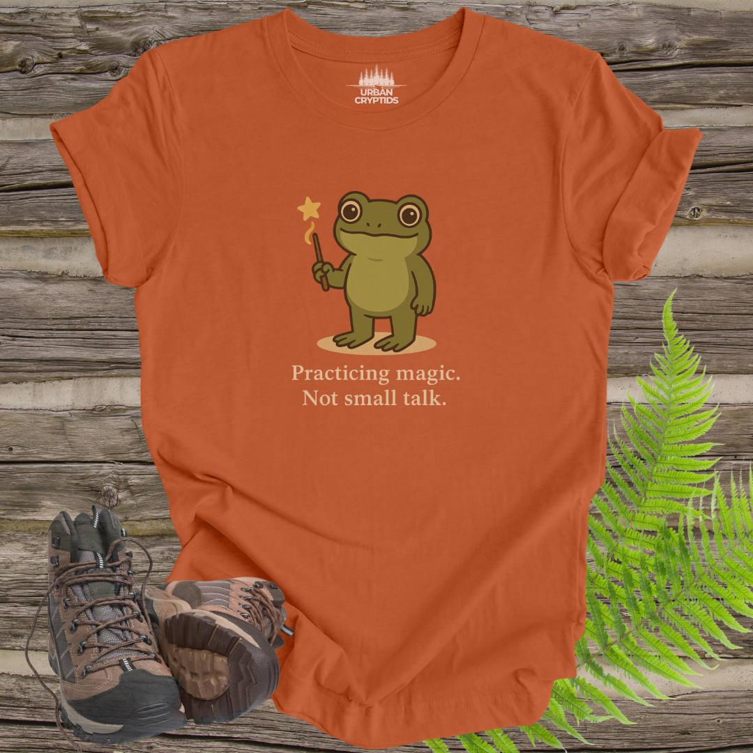 Loveland Frogman “Practicing Magic, Not Small Talk” Tee – Funny Cryptid Shirt for Paranormal Fans