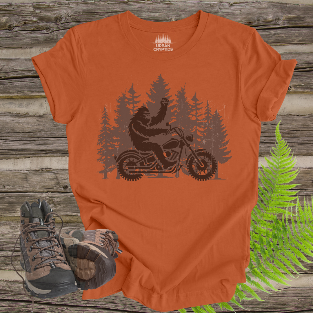 Bigfoot Biker Tee – Sasquatch Riding Motorcycle Forest Shirt
